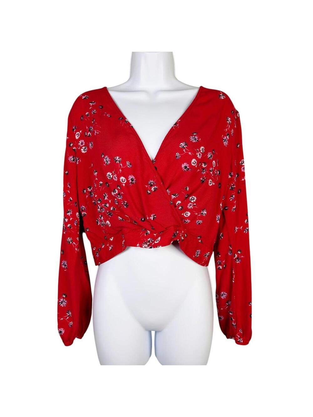 Wild Fable Red Floral Crop Top Faux Wrap Keyhole Back Y2K Boho M